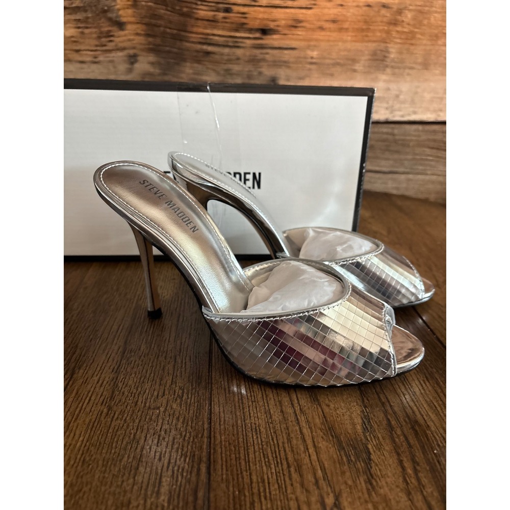 Steve Madden Priya-Disco Silver Metallic Tiled Mules Peep Toe Stiletto Heels 7.5